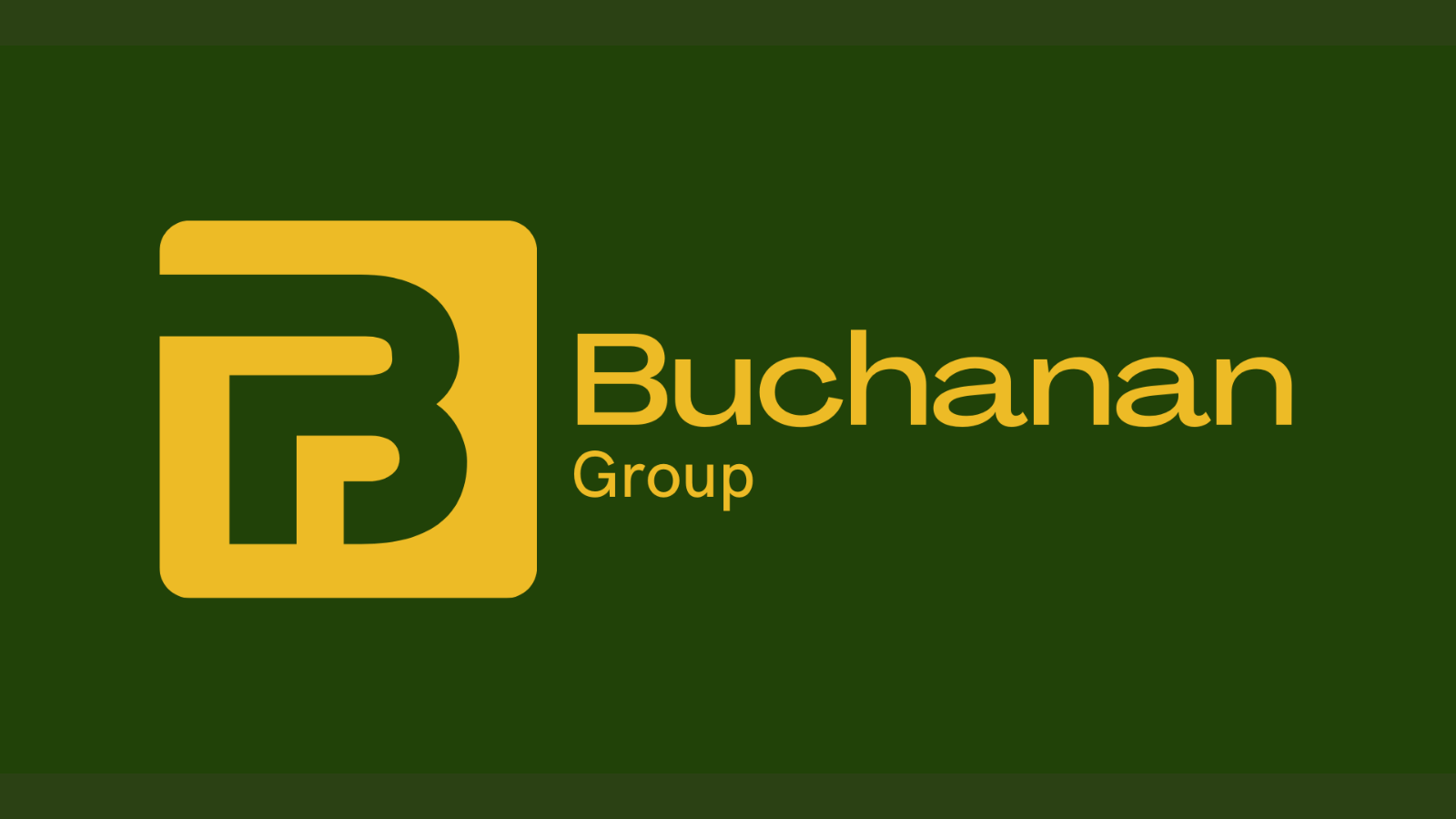 Buchanan Group logo, golden yellow font and dark forest green background
